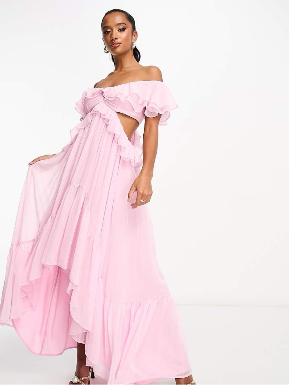 ASOS Petite Off-Shoulder Ruffle Maxi Dress - Light Pink